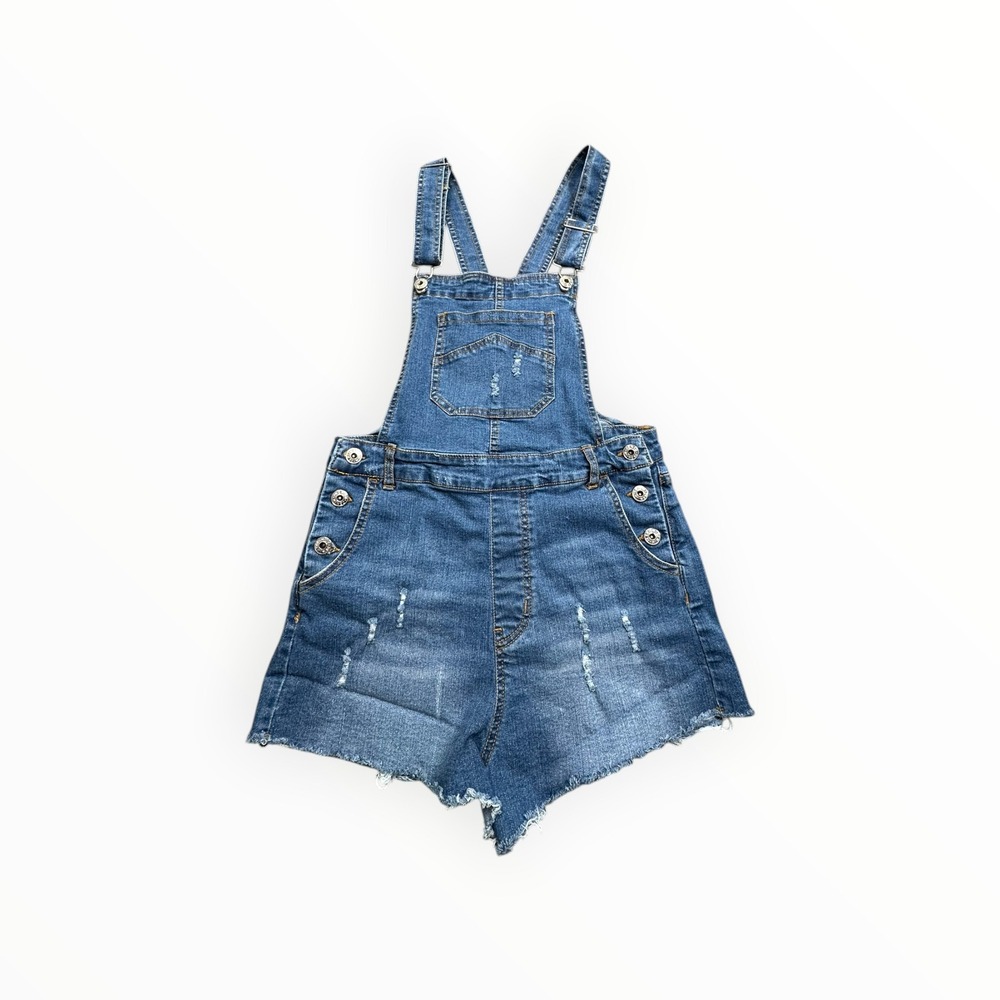Love Tree Denim Overall Shorts Womens Medium Blue Distressed Raw Hem Shortalls